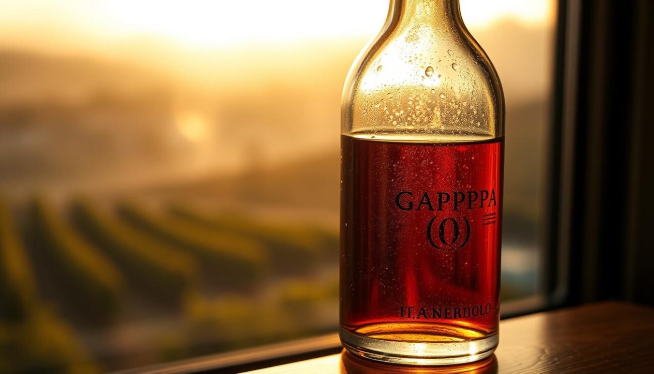 A stunning close-up of a glass bottle filled with amber-hued Grappa Nebbiolo, illuminated by warm, golden light filtering through a window. The glass has a slight distortion, creating a dream-like, impressionistic quality. The bottle's surface reflects the soft, diffused light, giving it a captivating glow. In the background, a blurred, atmospheric scene suggests an early morning in the Italian countryside, with misty hills and vineyards just visible. The overall mood is contemplative, highlighting the complex, nuanced character of this aged, artisanal spirit.