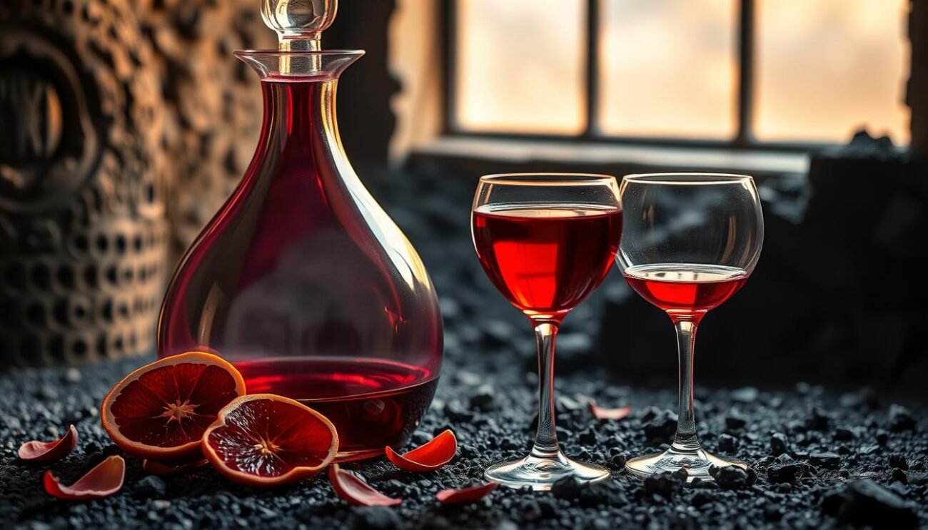 A stunning crystal decanter filled with the vibrant crimson hue of Rosolio Siciliano Etna liqueur, set against a backdrop of charcoal-grey volcanic ash. The liqueur's surface reflects the warm, golden light filtering through a window, casting a soft, inviting glow. Delicate petals of red blood oranges, the key ingredient, adorn the scene, complementing the liqueur's vivid color. A pair of elegant, rounded glasses stand ready to receive the intoxicating elixir, inviting the viewer to savor the flavors of this unique Sicilian aperitif. The entire composition exudes a sense of sophisticated refinement, perfectly capturing the essence of "Como Servire il Rosolio Siciliano Etna". A stunning crystal decanter filled with the vibrant crimson hue of Rosolio Siciliano Etna liqueur, set against a backdrop of charcoal-grey volcanic ash. The liqueur's surface reflects the warm, golden light filtering through a window, casting a soft, inviting glow. Delicate petals of red blood oranges, the key ingredient, adorn the scene, complementing the liqueur's vivid color. A pair of elegant, rounded glasses stand ready to receive the intoxicating elixir, inviting the viewer to savor the flavors of this unique Sicilian aperitif. The entire composition exudes a sense of sophisticated refinement, perfectly capturing the essence of "Como Servire il Rosolio Siciliano Etna".