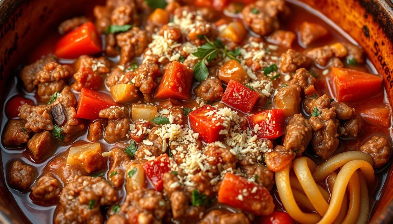 A succulent ground beef in a rich, savory sauce, simmered to perfection. Diced onions, garlic, and fragrant herbs add depth of flavor, while a light dusting of breadcrumbs creates a subtle crunch. The hearty meatiness is offset by the bright acidity of diced tomatoes, creating a harmonious balance. Warm lighting casts a golden glow, highlighting the enticing texture and inviting the viewer to imagine the satisfying taste. Captured in a rustic ceramic bowl, this flavorful carne macinata beckons to be savored alongside a serving of perfectly al dente pasta.