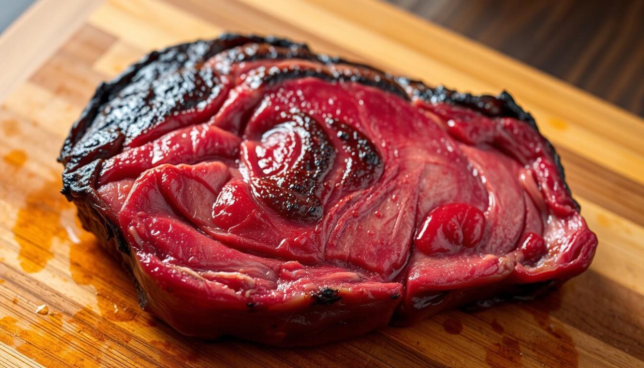 A succulent piece of cooked meat, glistening with a caramelized sear, resting on a wooden cutting board. The warm, earthy tones of the board contrast with the deep crimson hue of the meat, inviting the viewer to imagine the tender texture and savory flavor. Soft lighting from above casts gentle shadows, highlighting the juicy, marbled interior. The scene exudes a sense of rustic simplicity and culinary artistry, capturing the essence of "carne cotta" - expertly prepared, preserved, and ready to be enjoyed.