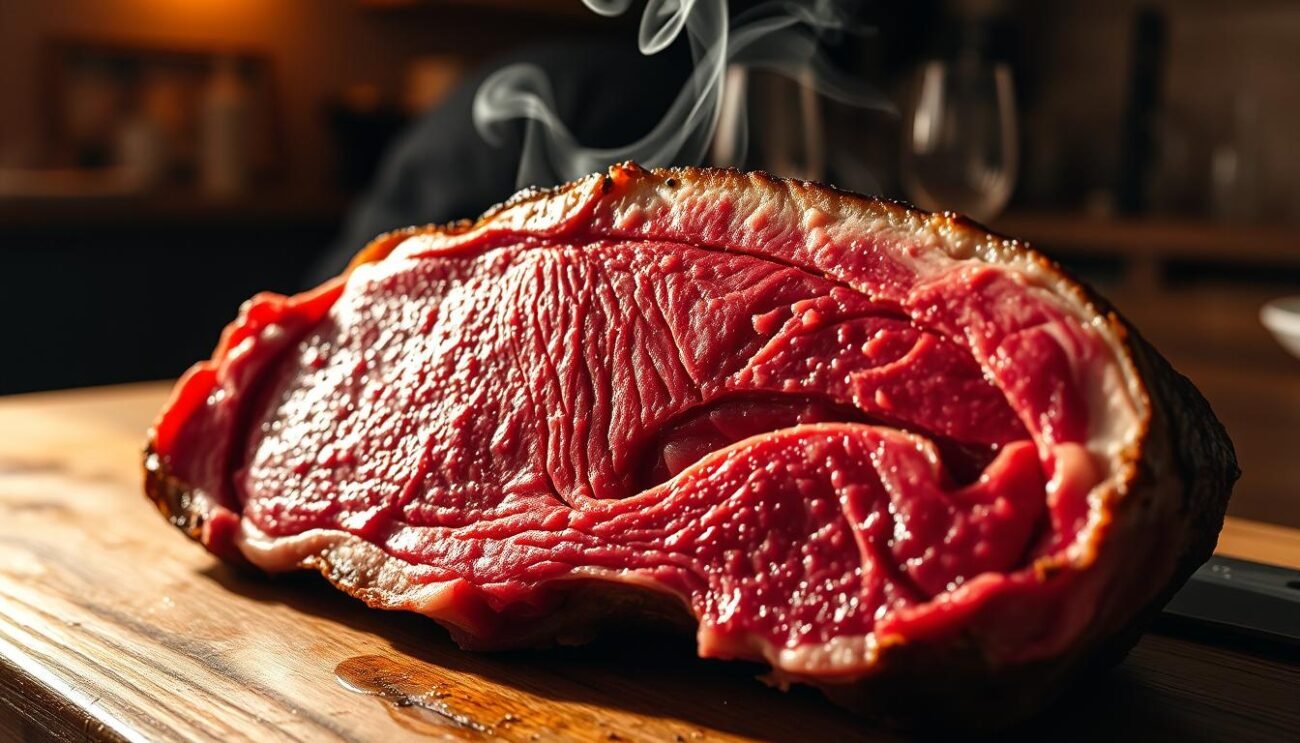 A succulent slab of prime rib, glistening under a warm spotlight, its deep crimson hue commanding attention. Tender marbled fat runs through the thick cut, promising a mouthwatering experience. In the background, a rustic wooden table sets the stage, evoking the comfort of a traditional Italian trattoria. Wisps of fragrant smoke curl upward, hinting at the savory flavors to come. The lighting casts dramatic shadows, adding depth and drama to the scene. This image captures the essence of "carne rossa" - the rich, indulgent centerpiece of a classic Italian meal, to be savored and discussed. A succulent slab of prime rib, glistening under a warm spotlight, its deep crimson hue commanding attention. Tender marbled fat runs through the thick cut, promising a mouthwatering experience. In the background, a rustic wooden table sets the stage, evoking the comfort of a traditional Italian trattoria. Wisps of fragrant smoke curl upward, hinting at the savory flavors to come. The lighting casts dramatic shadows, adding depth and drama to the scene. This image captures the essence of "carne rossa" - the rich, indulgent centerpiece of a classic Italian meal, to be savored and discussed.