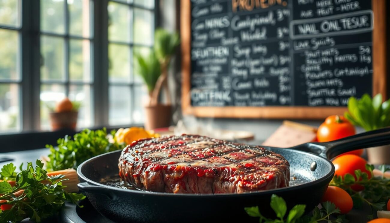 A succulent steak sizzling on a cast-iron skillet, surrounded by fresh vegetables and vibrant herbs. The light streams in through a large window, casting a warm glow over the scene. In the background, a chalkboard menu hangs, showcasing various cuts of meat and healthy preparation methods. The overall atmosphere exudes a sense of balance and wellness, highlighting the role of high-quality protein in a well-rounded, nutritious diet. The image conveys the idea of using meat as a strategic component in a weight loss journey, complemented by a variety of fresh, whole-food ingredients.