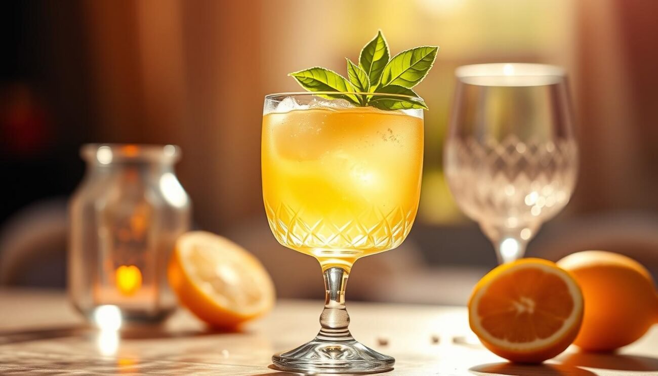 A sumptuous Italian-inspired cocktail, brimming with vibrant lemon and fresh basil notes. A chilled glass filled with a golden-hued liqueur, garnished with a sprig of lush, verdant basil. The scene is set against a warm, sun-drenched backdrop, evoking the festive spirit of a Ferragosto celebration. Elegant crystal glassware reflects the soft, ambient lighting, creating a sophisticated, yet inviting atmosphere perfect for sipping and savoring the refreshing summer libation.
