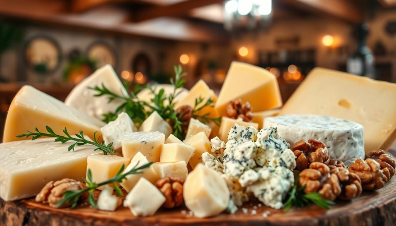 A sumptuous cheese platter takes center stage, showcasing a variety of aged, creamy, and flavorful cheeses. The composition is artfully arranged, with wedges of parmesan, bites of mozzarella, and crumbles of gorgonzola nestled amidst sprigs of fresh herbs and a scattering of walnuts. The lighting is soft and diffused, highlighting the nuanced textures and hues of the cheeses. In the background, a warm, rustic setting evokes an Italian trattoria, with wooden beams and a cozy, inviting ambiance. This image captures the role of cheese as a delightful and balanced component of a healthy diet, suitable for a range of age groups. A sumptuous cheese platter takes center stage, showcasing a variety of aged, creamy, and flavorful cheeses. The composition is artfully arranged, with wedges of parmesan, bites of mozzarella, and crumbles of gorgonzola nestled amidst sprigs of fresh herbs and a scattering of walnuts. The lighting is soft and diffused, highlighting the nuanced textures and hues of the cheeses. In the background, a warm, rustic setting evokes an Italian trattoria, with wooden beams and a cozy, inviting ambiance. This image captures the role of cheese as a delightful and balanced component of a healthy diet, suitable for a range of age groups.