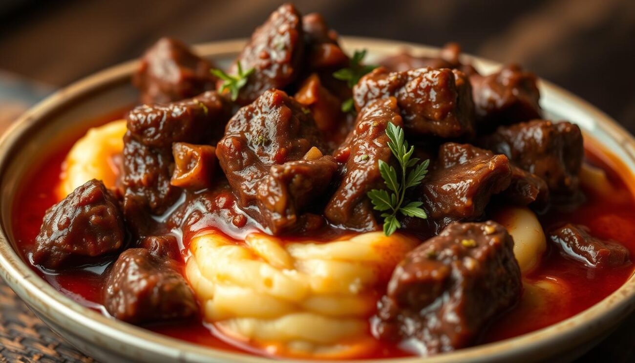 A sumptuous dish of Carbonade Valdostana, a traditional braised beef stew from the Italian Alps. Succulent chunks of beef, simmered in a rich, ruby-red Barolo wine sauce, infused with aromatic herbs and spices. The tender meat falls apart effortlessly, nestled amidst a bed of creamy polenta. Warm, earthy tones dominate the frame, evoking the rustic charm of a cozy alpine chalet. Soft, diffused lighting casts a gentle glow, highlighting the dish's hearty textures and deep, comforting flavors. The image exudes the comforting, homey essence of this quintessential Alpine delicacy. A sumptuous dish of Carbonade Valdostana, a traditional braised beef stew from the Italian Alps. Succulent chunks of beef, simmered in a rich, ruby-red Barolo wine sauce, infused with aromatic herbs and spices. The tender meat falls apart effortlessly, nestled amidst a bed of creamy polenta. Warm, earthy tones dominate the frame, evoking the rustic charm of a cozy alpine chalet. Soft, diffused lighting casts a gentle glow, highlighting the dish's hearty textures and deep, comforting flavors. The image exudes the comforting, homey essence of this quintessential Alpine delicacy.