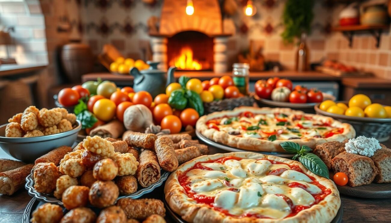 A sumptuous feast of Sicilian specialties, captured in vivid detail. In the foreground, a table laden with local delicacies - fragrant arancini, rich cannoli, and the iconic Sicilian pizza. The middle ground showcases vibrant produce, from juicy citrus fruits to sun-ripened tomatoes. In the background, a rustic kitchen setting evokes the island's culinary heritage, with terracotta tiles, wooden beams, and the warm glow of a hearth. The image is infused with a sense of authenticity, inviting the viewer to savor the rich flavors and traditions of Sicily. A sumptuous feast of Sicilian specialties, captured in vivid detail. In the foreground, a table laden with local delicacies - fragrant arancini, rich cannoli, and the iconic Sicilian pizza. The middle ground showcases vibrant produce, from juicy citrus fruits to sun-ripened tomatoes. In the background, a rustic kitchen setting evokes the island's culinary heritage, with terracotta tiles, wooden beams, and the warm glow of a hearth. The image is infused with a sense of authenticity, inviting the viewer to savor the rich flavors and traditions of Sicily.