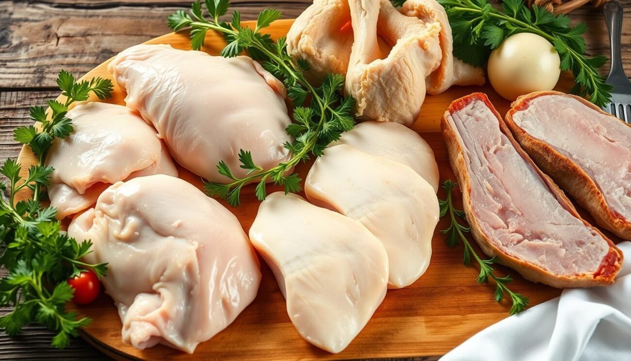 A sumptuous still life featuring a selection of succulent white meats, including tender chicken breasts, juicy turkey cutlets, and delicate veal chops. The meats are artfully arranged on a rustic wooden table, surrounded by fresh herbs, vibrant vegetables, and a crisp white napkin. Warm, natural lighting bathes the scene, highlighting the lean, glistening textures of the protein. The overall composition evokes a sense of health, purity, and the nourishing benefits of incorporating these versatile white proteins into one's diet. The image conveys a calming, harmonious atmosphere that invites the viewer to appreciate the inherent goodness of carne bianca. A sumptuous still life featuring a selection of succulent white meats, including tender chicken breasts, juicy turkey cutlets, and delicate veal chops. The meats are artfully arranged on a rustic wooden table, surrounded by fresh herbs, vibrant vegetables, and a crisp white napkin. Warm, natural lighting bathes the scene, highlighting the lean, glistening textures of the protein. The overall composition evokes a sense of health, purity, and the nourishing benefits of incorporating these versatile white proteins into one's diet. The image conveys a calming, harmonious atmosphere that invites the viewer to appreciate the inherent goodness of carne bianca.