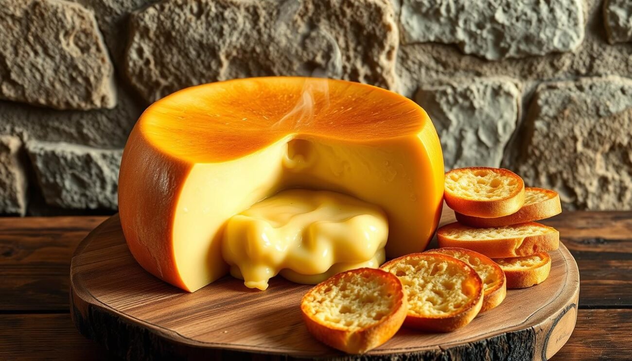 A sumptuous wheel of Fontina cheese sits on a rustic wooden table, its golden rind glistening under the warm light. Delicate steam rises from the molten center, revealing the rich, creamy fonduta nestled within. Crisp, golden-brown crostini stand ready to dip into the luxurious cheese, inviting the viewer to savor the quintessential Piedmont delicacy. The scene is framed by a backdrop of weathered stone walls, evoking the historic charm of the region. The overall composition conveys the comforting, indulgent nature of this beloved traditional dish.