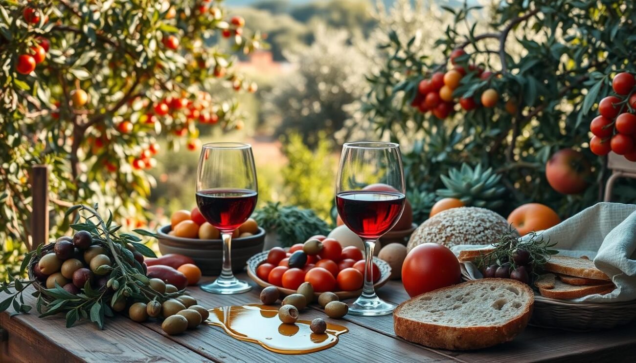 A sun-dappled Mediterranean scene, a tapestry of lush olive groves, vibrant tomato vines, and verdant herbs. In the foreground, a wooden table laden with a bounty of fresh produce - olives, seasonal fruits, crusty bread, and a drizzle of golden olive oil. Amidst this culinary tableau, a glass of ruby-red wine, capturing the essence of the region's time-honored winemaking traditions. The warm, earthy tones are accentuated by soft, diffused lighting, evoking a sense of timeless tradition and wholesome nourishment. This harmonious composition embodies the principles of the Mediterranean diet, a timeless heritage of health and well-being.