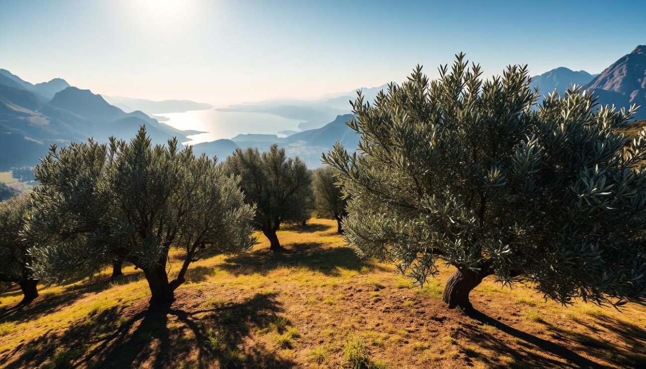 A sun-dappled olive grove nestled on the picturesque slopes of the Garda Trentino region, the ancient gnarled trees casting long shadows across the fertile earth. A handful of local farmers tend to the orchards with time-honored techniques, their calloused hands carefully pruning and harvesting the precious fruit. The air is heavy with the rich, earthy aroma of the olives, mingling with the gentle breeze that rustles the silvery-green leaves. In the distance, the shimmering waters of Lake Garda provide a serene backdrop, while the rugged peaks of the surrounding mountains lend an air of timeless tranquility to the scene. This is the heart of the Trentino-Alto Adige olive oil tradition, where generations of dedication and passion have created a true high-altitude culinary treasure.