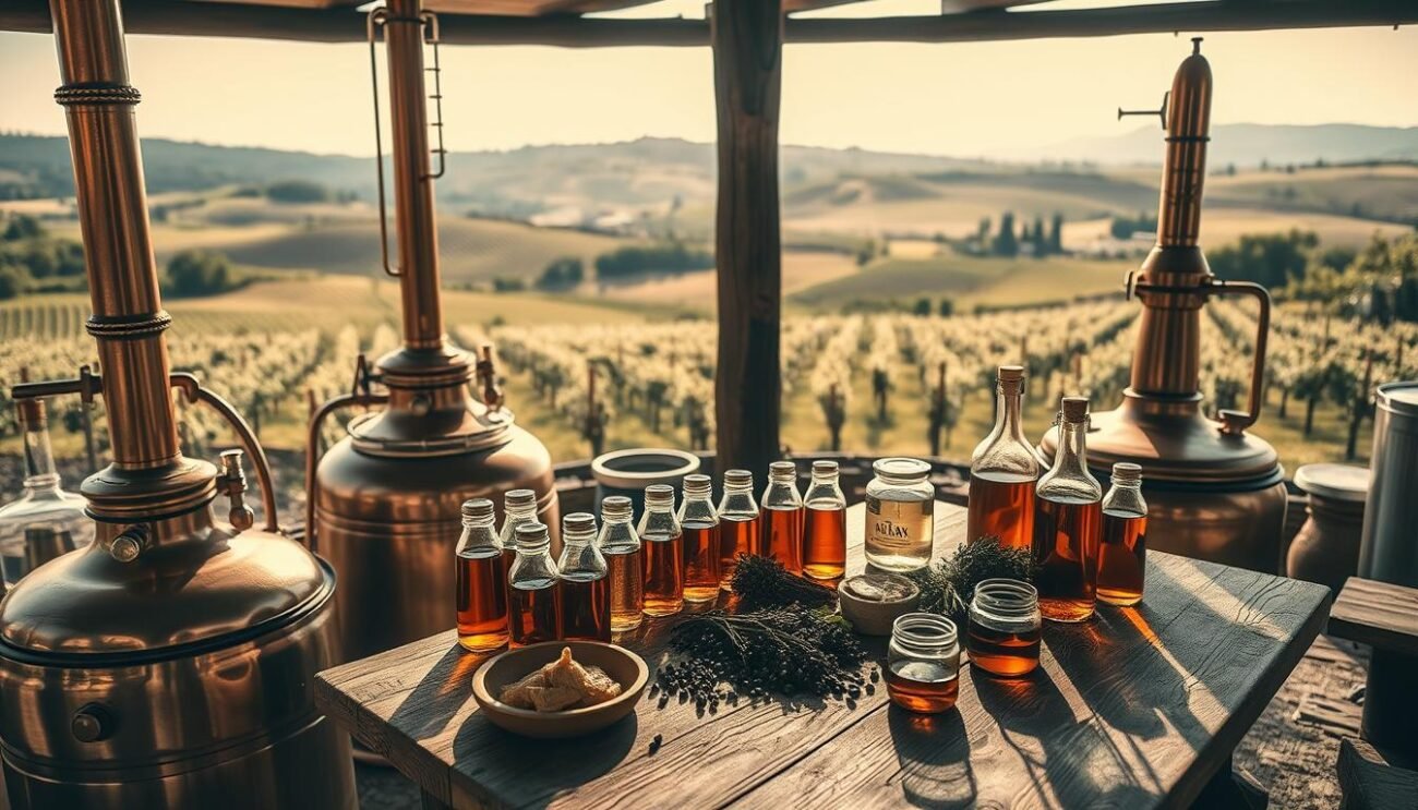 A sun-dappled scene of a rustic Italian distillery nestled amid rolling hills and lush vineyards. In the foreground, artisanal copper stills glint in the warm light, surrounded by an array of glass bottles filled with amber-hued liquids. The middle ground features a weathered wooden table, upon which rests an assortment of traditional Lombard ingredients - juniper berries, linden honey, and locally-sourced botanicals. In the background, a sprawling vista of vineyards and olive groves stretches out, hinting at the centuries-old winemaking heritage of the region. The lighting is soft and golden, creating an atmosphere of timeless craftsmanship and artisanal excellence.