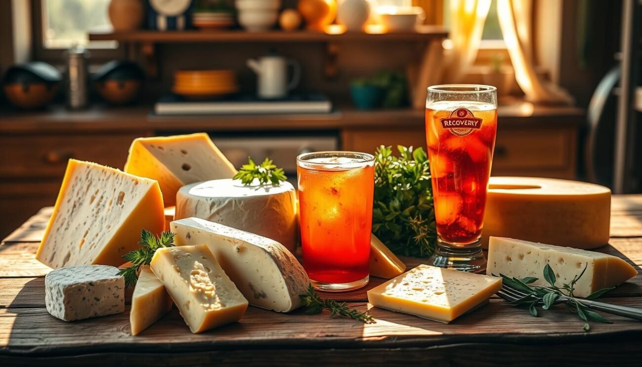 A sun-drenched Italian kitchen with an assortment of flavorful cheeses, fresh herbs, and a sports recovery drink on a rustic wooden table. The cheeses, in various shapes and textures, are arranged artfully, with a glass of a vibrant recovery beverage nearby. The scene is bathed in warm, golden light, creating a cozy and inviting atmosphere. The overall composition highlights the synergy between the nourishing properties of cheese and its potential benefits for athletic recovery and performance. A sun-drenched Italian kitchen with an assortment of flavorful cheeses, fresh herbs, and a sports recovery drink on a rustic wooden table. The cheeses, in various shapes and textures, are arranged artfully, with a glass of a vibrant recovery beverage nearby. The scene is bathed in warm, golden light, creating a cozy and inviting atmosphere. The overall composition highlights the synergy between the nourishing properties of cheese and its potential benefits for athletic recovery and performance.