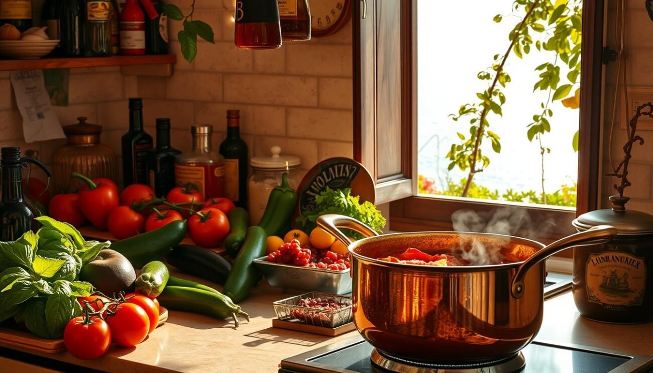 A sun-drenched Sicilian kitchen, bustling with the aroma of ripe tomatoes, fragrant basil, and sizzling garlic. On the counter, a vibrant array of fresh produce - plump eggplants, zucchini, and bell peppers, alongside jars of pungent olive oil and balsamic vinegar. In the foreground, a gleaming copper pot simmers with a rich, aromatic ragù, its essence infusing the air. Through the open window, a glimpse of the shimmering Mediterranean, framed by verdant lemon trees and trailing vines. The lighting is warm and golden, casting a cozy, inviting atmosphere, capturing the essence of Sicilian culinary heritage. A sun-drenched Sicilian kitchen, bustling with the aroma of ripe tomatoes, fragrant basil, and sizzling garlic. On the counter, a vibrant array of fresh produce - plump eggplants, zucchini, and bell peppers, alongside jars of pungent olive oil and balsamic vinegar. In the foreground, a gleaming copper pot simmers with a rich, aromatic ragù, its essence infusing the air. Through the open window, a glimpse of the shimmering Mediterranean, framed by verdant lemon trees and trailing vines. The lighting is warm and golden, casting a cozy, inviting atmosphere, capturing the essence of Sicilian culinary heritage.
