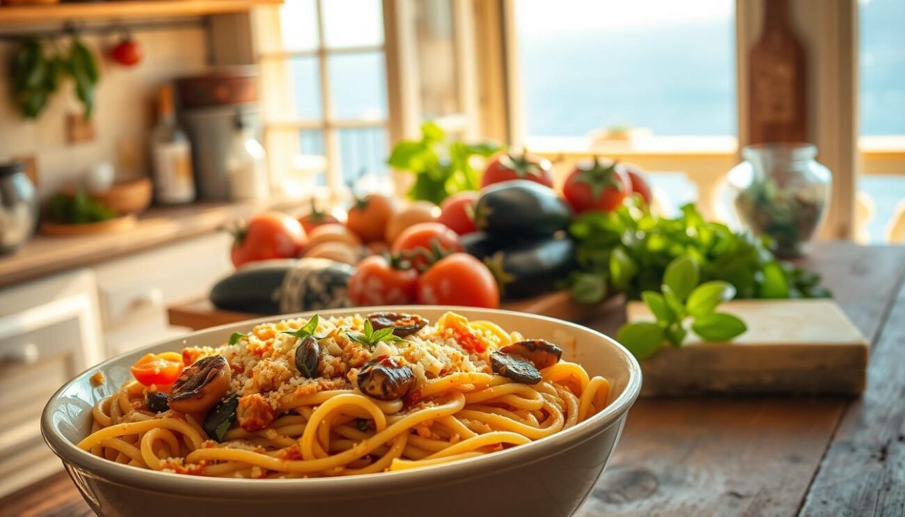 A sun-drenched Sicilian kitchen, filled with the aromas of simmering tomatoes, fragrant basil, and freshly grated Pecorino. In the foreground, a generous bowl of steaming pasta, swirled with a rich, creamy sauce and topped with glistening anchovies and toasted breadcrumbs. The middle ground features an array of iconic Sicilian ingredients - plump eggplants, juicy tomatoes, and fragrant herbs - artfully arranged on a rustic wooden table. In the background, a window overlooking the azure waters of the Mediterranean, bathing the scene in a warm, golden light. The overall mood is one of rustic elegance, capturing the essence of Sicilian culinary tradition. A sun-drenched Sicilian kitchen, filled with the aromas of simmering tomatoes, fragrant basil, and freshly grated Pecorino. In the foreground, a generous bowl of steaming pasta, swirled with a rich, creamy sauce and topped with glistening anchovies and toasted breadcrumbs. The middle ground features an array of iconic Sicilian ingredients - plump eggplants, juicy tomatoes, and fragrant herbs - artfully arranged on a rustic wooden table. In the background, a window overlooking the azure waters of the Mediterranean, bathing the scene in a warm, golden light. The overall mood is one of rustic elegance, capturing the essence of Sicilian culinary tradition.
