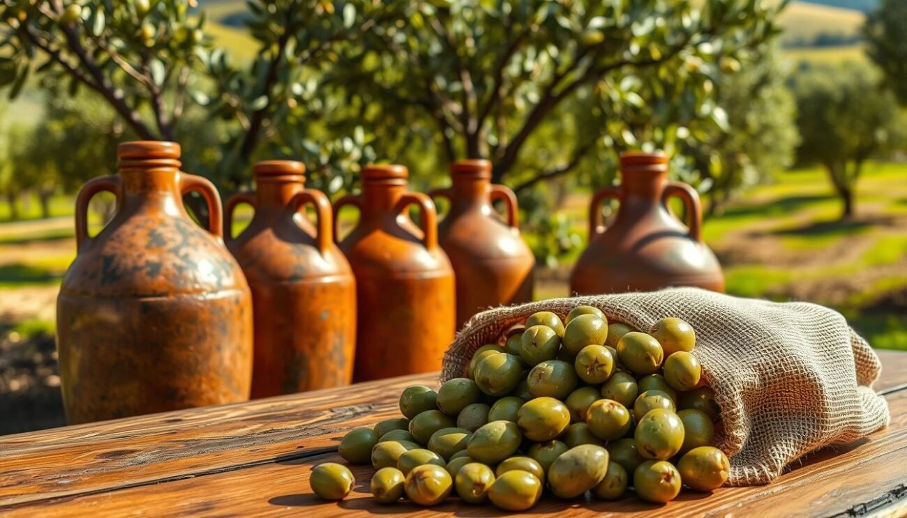 A sun-drenched olive grove stretches across a rolling Lazio hillside, its verdant canopy casting dappled shadows on the earth below. Weathered terracotta jugs brim with freshly-pressed extra virgin olive oil, their burnished surfaces catching the golden light. In the foreground, a handful of glistening green olives, their skins mottled with silver-gray, spill from a burlap sack onto a rustic wooden table. A sense of timeless tradition and artisanal craftsmanship permeates the scene, evoking the proud heritage of Lazio's olive oil production.