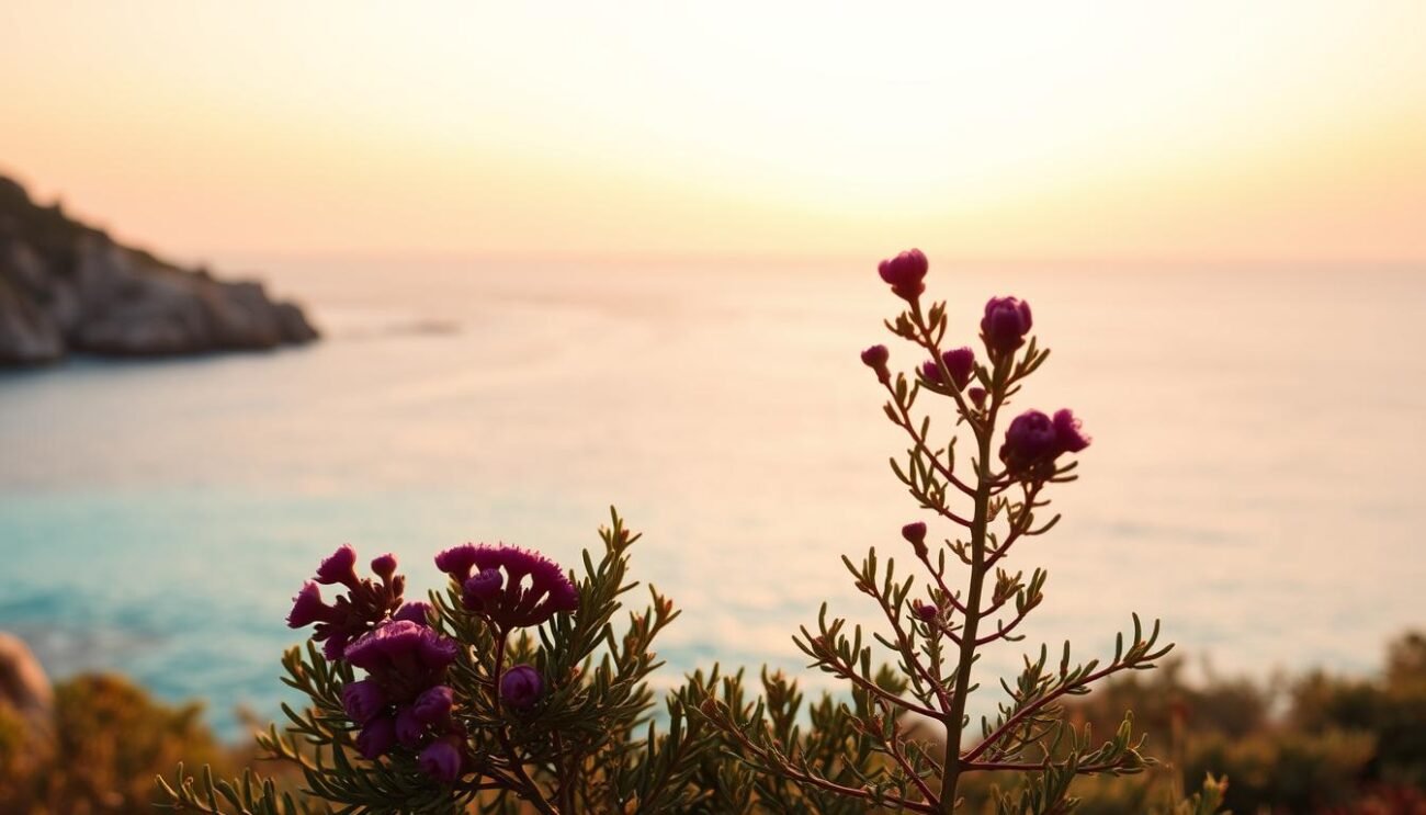 A sunset-drenched seaside landscape, with a crystal-clear turquoise sea gently lapping against the rugged Sardinian coastline. In the foreground, a delicate cluster of wild myrtle shrubs, their dark green leaves and vibrant purple berries glistening in the golden light. Overhead, a soft, hazy sky painted in hues of orange and pink, reflecting the warmth of the fading day. The scene exudes a sense of tranquility and island living, perfectly capturing the essence of "Mirto Sardo Tempesta" - a cocktail that celebrates the flavors and aromas of this iconic Sardinian liqueur. A sunset-drenched seaside landscape, with a crystal-clear turquoise sea gently lapping against the rugged Sardinian coastline. In the foreground, a delicate cluster of wild myrtle shrubs, their dark green leaves and vibrant purple berries glistening in the golden light. Overhead, a soft, hazy sky painted in hues of orange and pink, reflecting the warmth of the fading day. The scene exudes a sense of tranquility and island living, perfectly capturing the essence of "Mirto Sardo Tempesta" - a cocktail that celebrates the flavors and aromas of this iconic Sardinian liqueur.