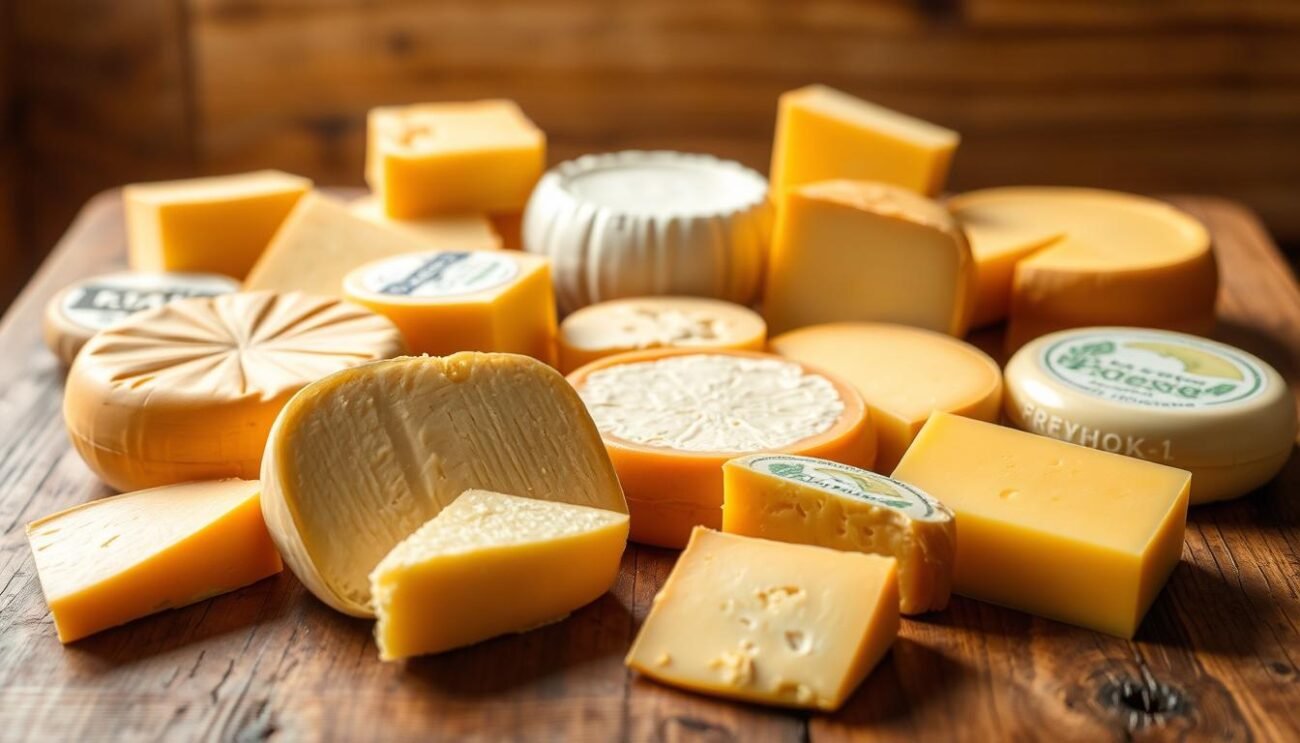 A table of assorted processed cheeses arranged on a rustic wooden surface, bathed in warm, natural lighting. The cheeses, in various shapes and shades of yellow-orange, are presented without any packaging or labels, showcasing their raw, unprocessed forms. The background is blurred, creating a sense of focus on the cheeses as the central subject. The overall atmosphere is one of simplicity, authenticity, and a nod to the traditional Mediterranean diet, conveying a sense of caution and discernment towards highly processed dairy products.