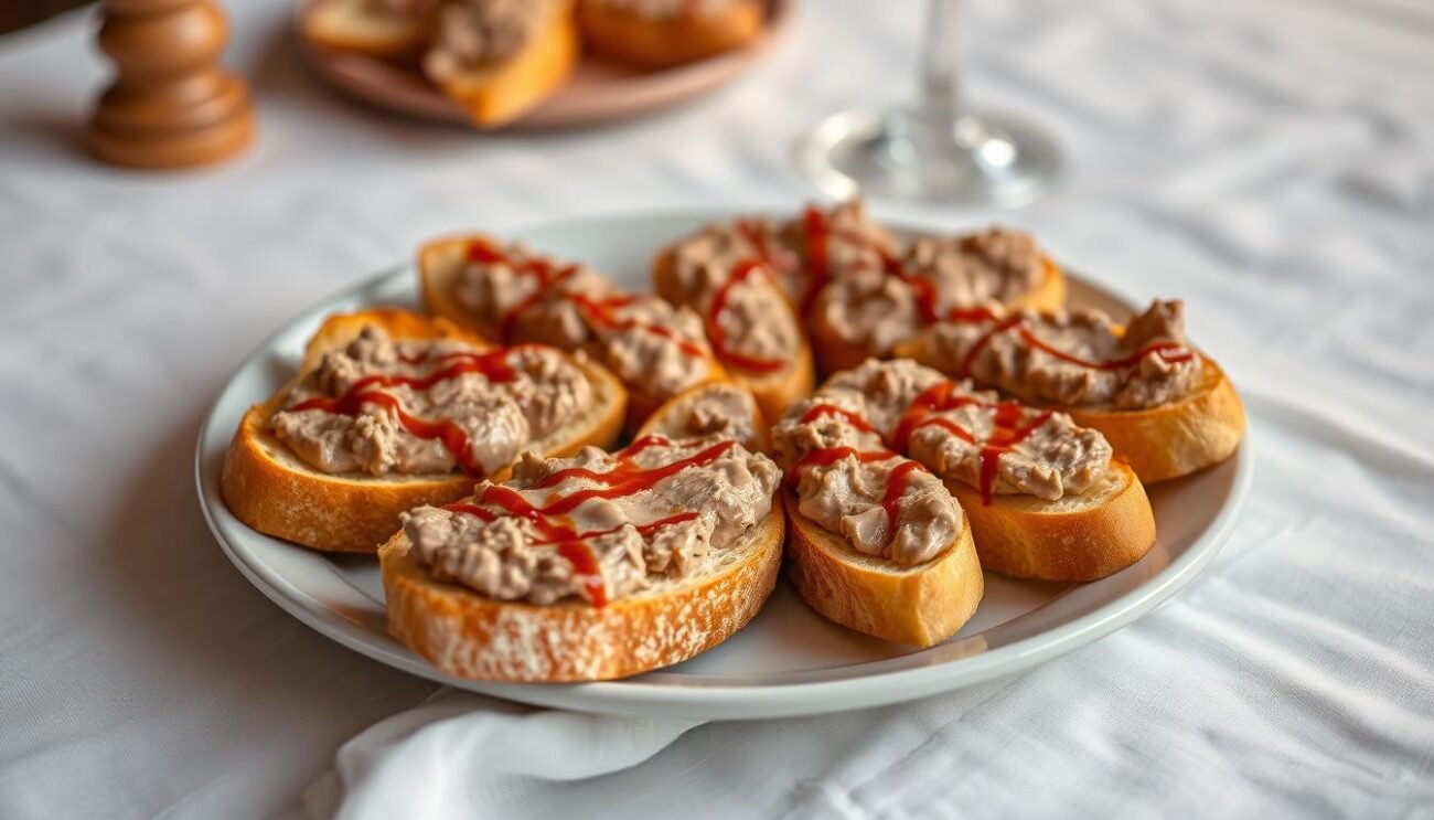 A table with a white linen tablecloth set with a plate of perfectly golden-brown crostini, drizzled with a rich, creamy chicken liver pâté. The crostini are arranged artfully, with a few slices slightly overlapping to create a visually appealing composition. The lighting is soft and warm, illuminating the textures of the bread and the sheen of the pâté. The background is blurred, allowing the crostini to be the focal point of the image. The overall mood is one of rustic elegance, capturing the essence of traditional Tuscan cuisine.