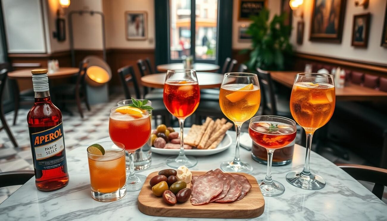 A table with different spritz variations, arranged in a bistro-style setting. In the foreground, a variety of Aperol, Campari, and Select-based spritzes, each with its distinct garnish and glassware. In the middle ground, a charcuterie board with cured meats, olives, and breadsticks, complementing the aperitif flavors. The background depicts a cozy Venetian cafe interior, with tiled floors, wooden furniture, and soft, warm lighting, conveying the traditional, convivial atmosphere of the Spritz ritual. The overall scene evokes the regional diversity and timeless charm of this iconic Italian cocktail. A table with different spritz variations, arranged in a bistro-style setting. In the foreground, a variety of Aperol, Campari, and Select-based spritzes, each with its distinct garnish and glassware. In the middle ground, a charcuterie board with cured meats, olives, and breadsticks, complementing the aperitif flavors. The background depicts a cozy Venetian cafe interior, with tiled floors, wooden furniture, and soft, warm lighting, conveying the traditional, convivial atmosphere of the Spritz ritual. The overall scene evokes the regional diversity and timeless charm of this iconic Italian cocktail.