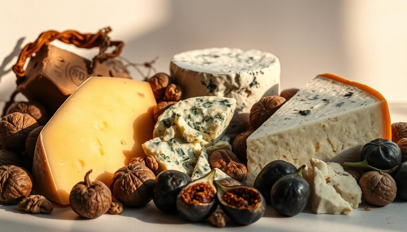 A tantalizing array of Italian cheeses in a rustic still life setting. Wedges of Parmesan, Gorgonzola, and Pecorino Romano nestled among gnarled walnuts and dried figs, cast in warm, golden light. A simple white backdrop allows the rich colors and textures to take center stage. Dramatic shadows create depth and dimensionality, conveying the decadence and indulgence of these beloved dairy delights. The image exudes an aura of authenticity and Old World charm, reflecting the centuries-old traditions behind these iconic Italian formaggi.