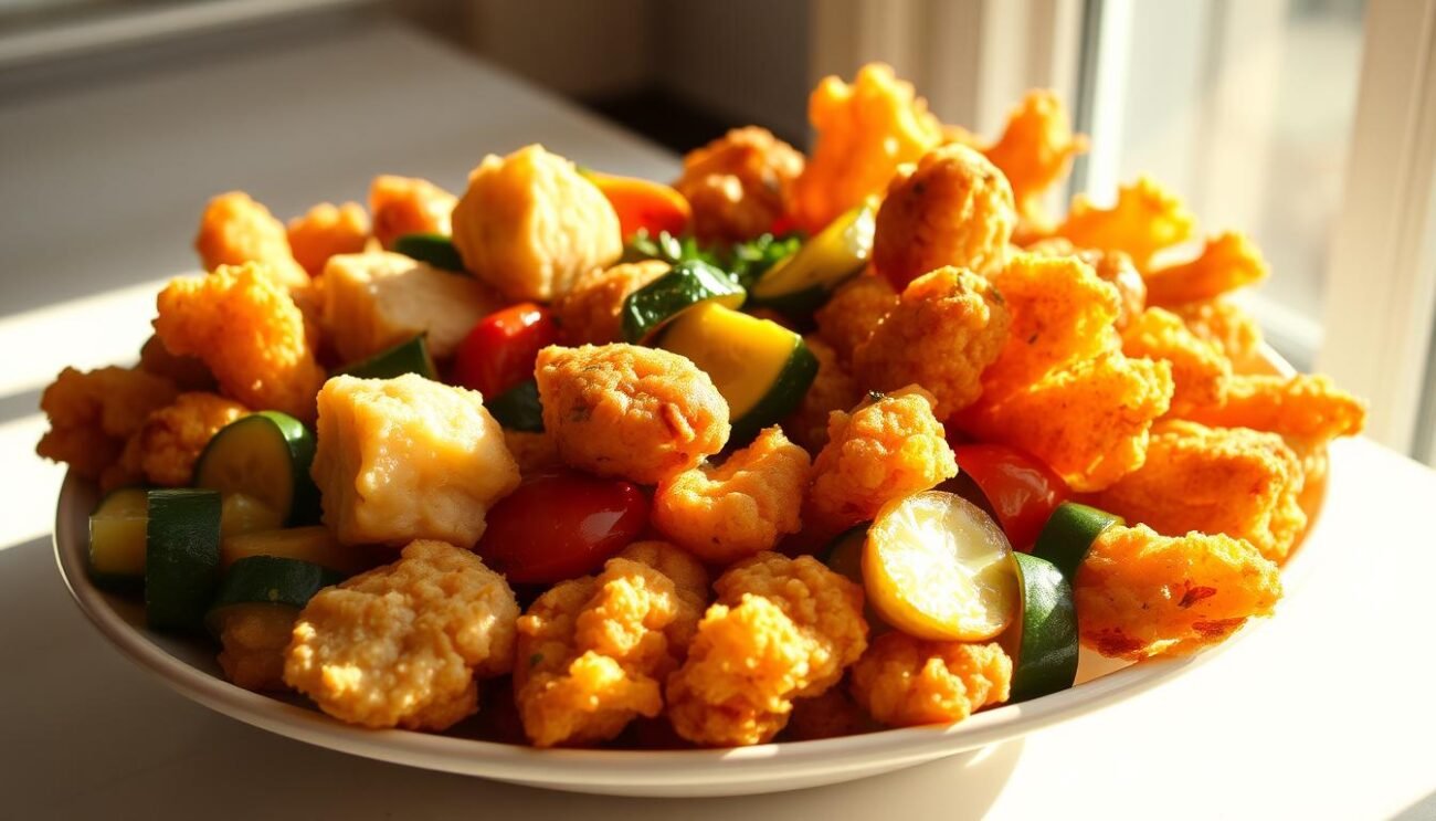 A tantalizing platter of Fritto Misto alla Piemontese, showcasing a harmonious blend of crispy, golden-brown morsels. Juicy chicken, tender veal, and an array of seasonal vegetables, including zucchini, artichokes, and bell peppers, adorn the plate. The delicate batter, lightly seasoned with aromatic herbs and spices, creates a delightful crunch with each bite. Sunlight filters through the window, casting a warm glow over the dish, highlighting the vibrant colors and inviting textures. The image captures the essence of this classic Piedmontese preparation, a true celebration of the region's culinary heritage.