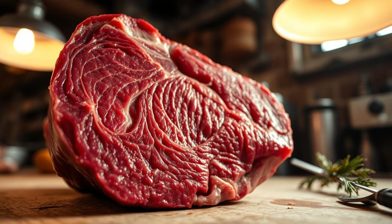 A tender, well-marbled cut of beef, glistening under the warm glow of overhead lighting. The rich, deep-red hues of the meat are set against a backdrop of earthy browns and grays, evoking the rustic charm of a traditional Piedmont kitchen. The camera captures the cut from a low angle, emphasizing the succulent texture and the intricate marbling that promises a melt-in-your-mouth experience. Subtle shadows create depth and dimension, drawing the viewer's eye to the center of the frame, where the "taglio di carne ideale" shines as the star of the scene.