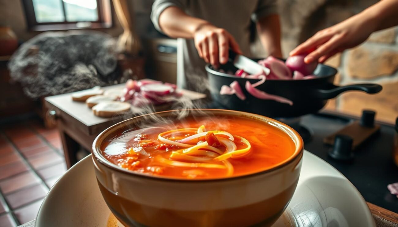 A traditional Calabrian onion soup, known as "Licurdia Calabrese," simmers with the vibrant red onions of Tropea, infusing the broth with their sweet, caramelized essence. In the foreground, a steaming bowl of the soup is presented, its surface glistening with a drizzle of olive oil. The middle ground showcases the preparation process, with hands expertly slicing the onions and sautéing them in a cast-iron pan over an open flame. In the background, a rustic kitchen setting evokes the warmth and tradition of Calabrian cuisine, with terracotta tiles, wooden beams, and a hint of the Mediterranean landscape beyond the window. The image is captured with a soft, natural lighting, creating a cozy and inviting atmosphere, reflecting the comforting and soulful nature of this beloved regional dish. A traditional Calabrian onion soup, known as "Licurdia Calabrese," simmers with the vibrant red onions of Tropea, infusing the broth with their sweet, caramelized essence. In the foreground, a steaming bowl of the soup is presented, its surface glistening with a drizzle of olive oil. The middle ground showcases the preparation process, with hands expertly slicing the onions and sautéing them in a cast-iron pan over an open flame. In the background, a rustic kitchen setting evokes the warmth and tradition of Calabrian cuisine, with terracotta tiles, wooden beams, and a hint of the Mediterranean landscape beyond the window. The image is captured with a soft, natural lighting, creating a cozy and inviting atmosphere, reflecting the comforting and soulful nature of this beloved regional dish.