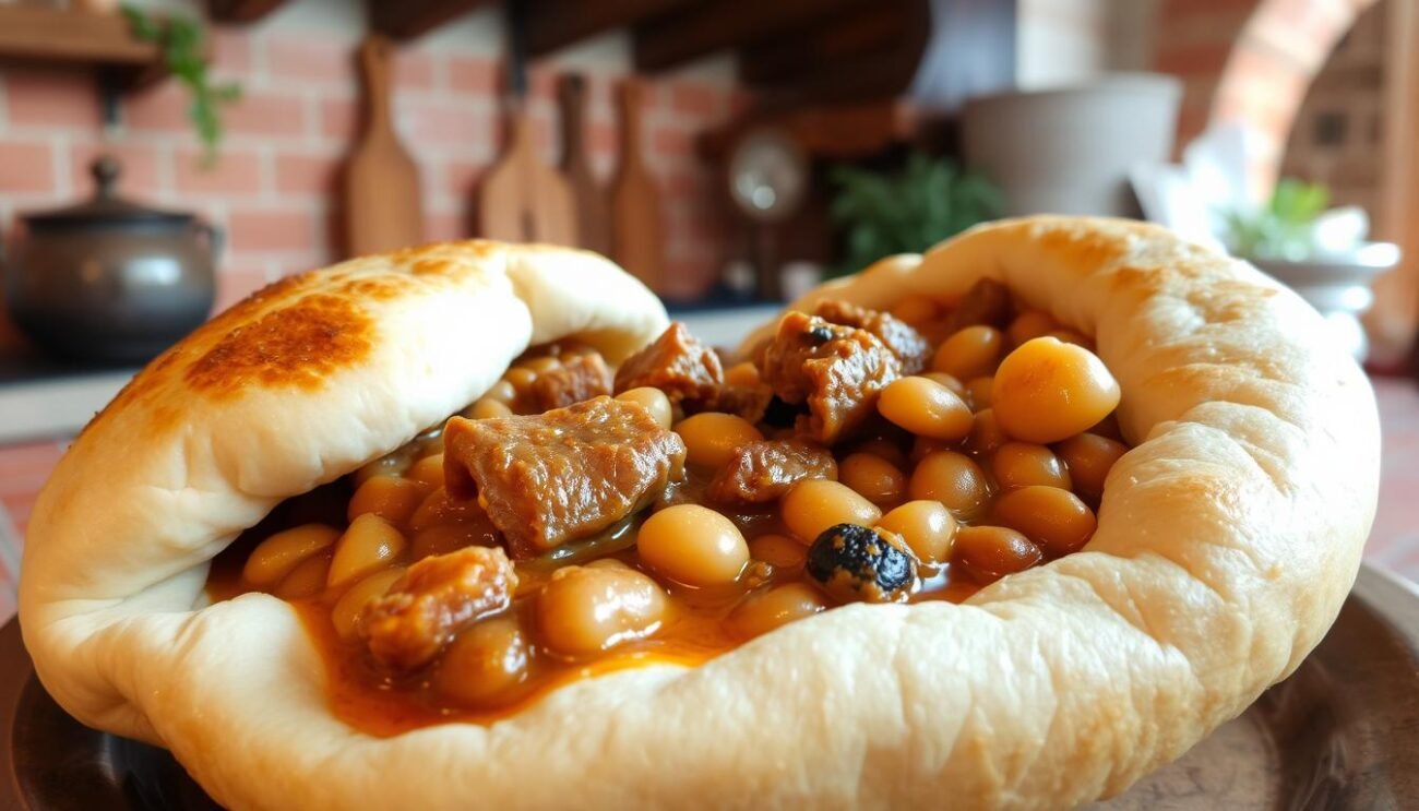 A traditional Italian dish served in the Catanzaro region, "Morzello nella pitta catanzarese" features a hearty stew of pork offal and beans, nestled within a soft, fluffy homemade pita bread. The foreground showcases the pitta, its golden crust glistening under warm lighting, with a generous portion of the morzello spilling out, the rich, savory broth gently bubbling. In the middle ground, the stew itself is prominently displayed, the tender pork and creamy beans creating a visually appealing and textural contrast. The background setting evokes a cozy, rustic Italian kitchen, with terracotta tiles, wooden beams, and a hint of greenery to convey a sense of traditional, homemade authenticity. The overall mood is one of comfort, tradition, and the appreciation of simple, yet flavorful regional cuisine. A traditional Italian dish served in the Catanzaro region, "Morzello nella pitta catanzarese" features a hearty stew of pork offal and beans, nestled within a soft, fluffy homemade pita bread. The foreground showcases the pitta, its golden crust glistening under warm lighting, with a generous portion of the morzello spilling out, the rich, savory broth gently bubbling. In the middle ground, the stew itself is prominently displayed, the tender pork and creamy beans creating a visually appealing and textural contrast. The background setting evokes a cozy, rustic Italian kitchen, with terracotta tiles, wooden beams, and a hint of greenery to convey a sense of traditional, homemade authenticity. The overall mood is one of comfort, tradition, and the appreciation of simple, yet flavorful regional cuisine.