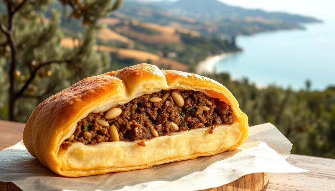 A traditional Ligurian dish set against a backdrop of rolling hills, sun-dappled olive groves, and the sparkling Mediterranean. In the foreground, a sumptuous Cima alla Genovese, its flaky pastry crust revealing a savory filling of ground meat, pine nuts, and aromatic herbs. The rich, golden hues of the dish are complemented by the warm, earthy tones of the surrounding landscape. Soft, diffused lighting casts a gentle glow, evoking the timeless traditions and flavors of this regional culinary treasure. The composition captures the essence of "La Storia e le Tradizioni della Cima alla Genovese" - a delectable representation of Ligurian history and culture, artfully presented. A traditional Ligurian dish set against a backdrop of rolling hills, sun-dappled olive groves, and the sparkling Mediterranean. In the foreground, a sumptuous Cima alla Genovese, its flaky pastry crust revealing a savory filling of ground meat, pine nuts, and aromatic herbs. The rich, golden hues of the dish are complemented by the warm, earthy tones of the surrounding landscape. Soft, diffused lighting casts a gentle glow, evoking the timeless traditions and flavors of this regional culinary treasure. The composition captures the essence of "La Storia e le Tradizioni della Cima alla Genovese" - a delectable representation of Ligurian history and culture, artfully presented.