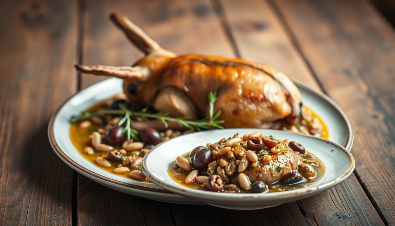 A traditional Ligurian rabbit dish, resting atop a rustic wooden table. In the foreground, a tender rabbit, slow-cooked in a medley of pine nuts, Taggiasca olives, and aromatic herbs. The middle ground showcases a simple, yet elegant presentation, with a scattering of pine nuts and olives adding textural contrast. The background features a warm, earthy color palette, evoking the rich culinary heritage of the Ligurian region. Soft, diffused lighting casts a gentle glow, highlighting the dish's rustic charm. This image perfectly captures the essence of the "Coniglio alla Ligure," a timeless recipe that embodies the flavors and traditions of the Italian Riviera.