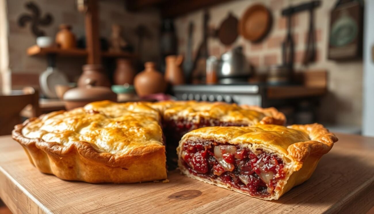 A traditional Lodigiano dish, Turtìn is a savory pie made with a flaky pastry crust and a rich filling of goose blood, onions, and spices. The scene depicts a freshly baked Turtìn, its golden-brown surface glistening under the warm glow of a rustic kitchen. In the foreground, a slice of the pie reveals its deep-red, mottled interior, a testament to the dish's cultural heritage. The middle ground showcases a collection of traditional Lodigiano kitchenware, hinting at the long-standing culinary traditions that have shaped this regional delicacy. In the background, a glimpse of a cozy, homely kitchen setting, with wooden beams and terracotta tiles, creates a sense of timelessness and authenticity. The overall composition celebrates the cultural significance of Turtìn within the Lodigiano gastronomic landscape. A traditional Lodigiano dish, Turtìn is a savory pie made with a flaky pastry crust and a rich filling of goose blood, onions, and spices. The scene depicts a freshly baked Turtìn, its golden-brown surface glistening under the warm glow of a rustic kitchen. In the foreground, a slice of the pie reveals its deep-red, mottled interior, a testament to the dish's cultural heritage. The middle ground showcases a collection of traditional Lodigiano kitchenware, hinting at the long-standing culinary traditions that have shaped this regional delicacy. In the background, a glimpse of a cozy, homely kitchen setting, with wooden beams and terracotta tiles, creates a sense of timelessness and authenticity. The overall composition celebrates the cultural significance of Turtìn within the Lodigiano gastronomic landscape.