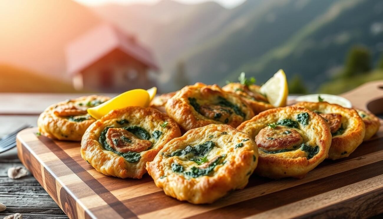 A traditional Tirolan dish, the Tirtlan are savory spinach and ricotta-filled fritters originating from the Val Pusteria region. Set against a rustic, mountainous backdrop, the Tirtlan are presented on a wooden board, their golden-brown exteriors glistening in the warm, soft lighting. The fritters are arranged with care, garnished with fresh herbs and lemon wedges, inviting the viewer to experience the authentic flavors and textures of this time-honored local delicacy. The overall composition evokes a sense of artisanal craftsmanship and cultural heritage, reflecting the origins and tradition of the Tirtlan.