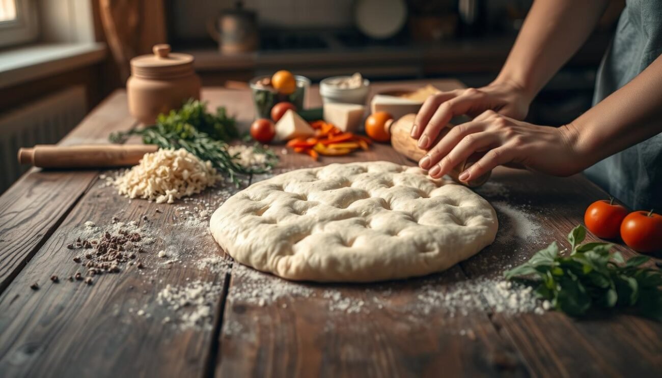A traditional Trentino countryside tart, the Smacafam, is carefully prepared on a rustic wooden table. In the foreground, delicate hands knead the homemade dough, expertly rolling it out with a rolling pin. The middle ground reveals an assortment of locally sourced ingredients - freshly grated cheese, aromatic herbs, and crisp seasonal vegetables. Warm, soft lighting bathes the scene, creating a cozy, homely atmosphere. In the background, a simple kitchen with worn, weathered surfaces sets the stage for this time-honored culinary tradition. The overall composition conveys the care, skill, and pride associated with the step-by-step preparation of this forgotten regional specialty. A traditional Trentino countryside tart, the Smacafam, is carefully prepared on a rustic wooden table. In the foreground, delicate hands knead the homemade dough, expertly rolling it out with a rolling pin. The middle ground reveals an assortment of locally sourced ingredients - freshly grated cheese, aromatic herbs, and crisp seasonal vegetables. Warm, soft lighting bathes the scene, creating a cozy, homely atmosphere. In the background, a simple kitchen with worn, weathered surfaces sets the stage for this time-honored culinary tradition. The overall composition conveys the care, skill, and pride associated with the step-by-step preparation of this forgotten regional specialty.