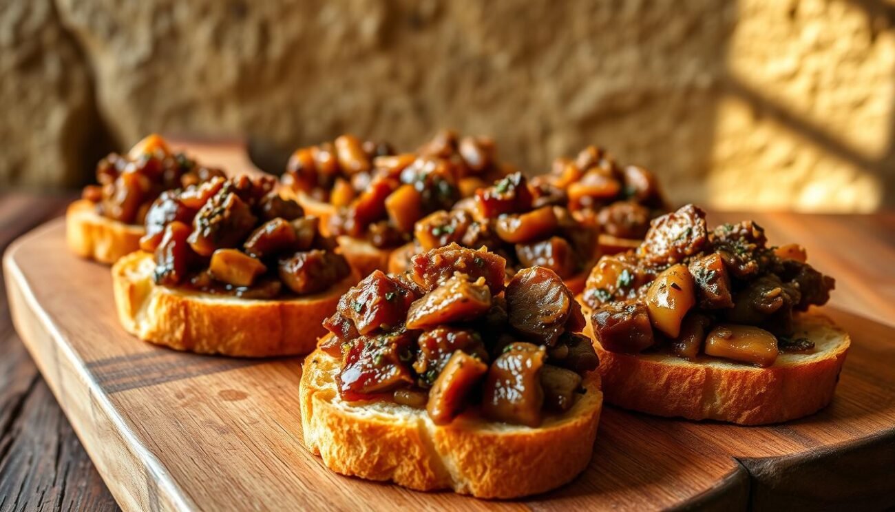 A traditional Tuscan crostini, featuring a savory blend of spiced sautéed pork offal, simmered in rich, aromatic juices. The crostini are golden-brown, their crisp edges contrasting with the succulent topping. The foreground showcases the crostini arrangement, with a middle ground of a rustic wooden board, and a background of an earthy, textured wall, bathed in warm, natural lighting. The scene evokes the timeless culinary traditions of Siena, where these flavorful bites have been enjoyed for generations.