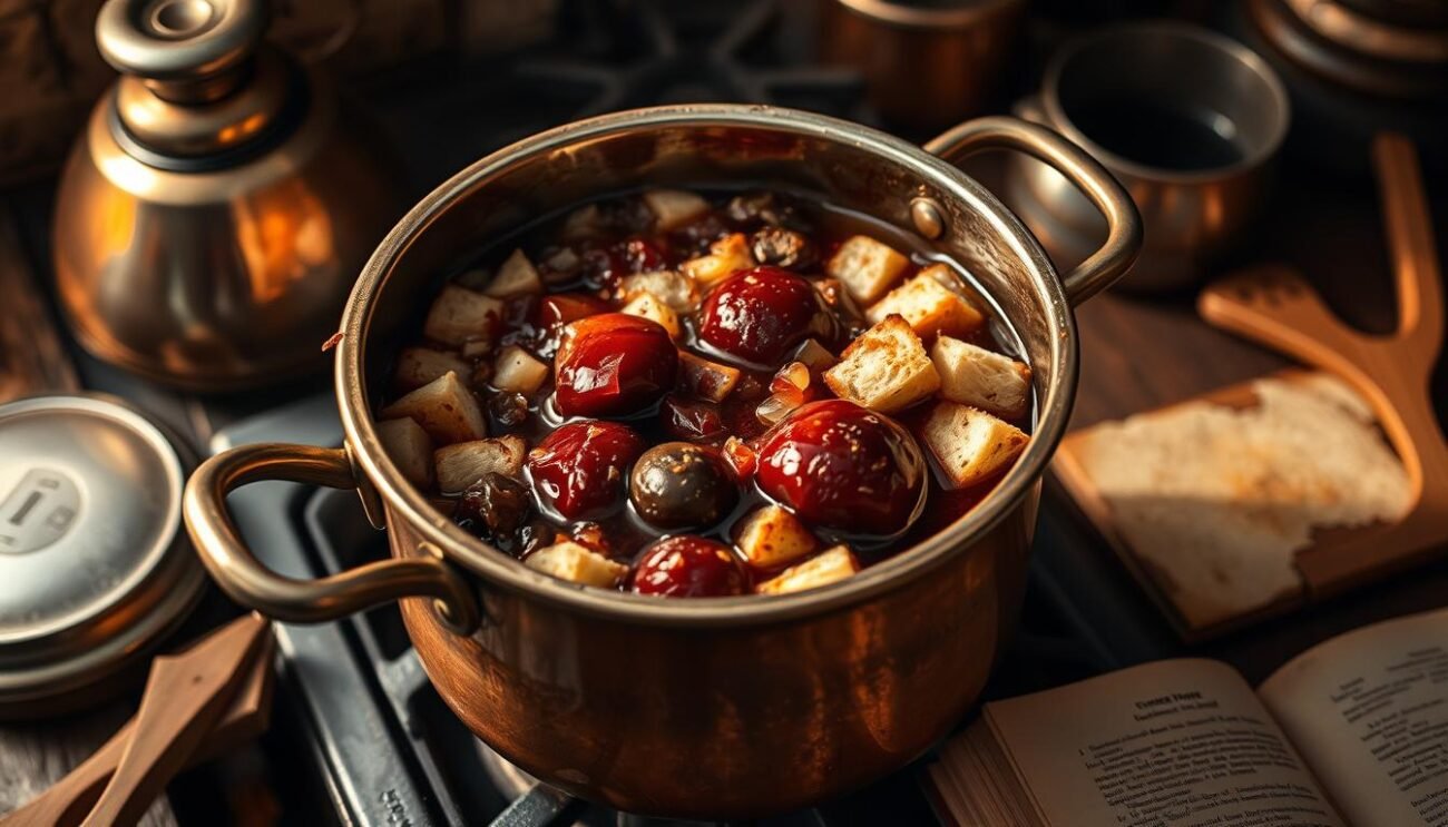 A traditional copper pot simmers on a rustic stove, its contents a rich, earthy blend of chopped onions, garlic, and freshly ground spices. Plump, glistening goose blood simmers alongside hand-cut cubes of bread, forming the signature Turtìn Lodigiano. The scene is bathed in warm, golden light, casting a cozy glow over the time-honored process. Wooden utensils and a tattered cookbook add to the authentic, homespun atmosphere, hinting at the generations of cooks who have perfected this cherished regional dish. The mise en scène evokes the heart and soul of traditional Italian cuisine, where simple ingredients are elevated through patience, skill, and deep cultural traditions. A traditional copper pot simmers on a rustic stove, its contents a rich, earthy blend of chopped onions, garlic, and freshly ground spices. Plump, glistening goose blood simmers alongside hand-cut cubes of bread, forming the signature Turtìn Lodigiano. The scene is bathed in warm, golden light, casting a cozy glow over the time-honored process. Wooden utensils and a tattered cookbook add to the authentic, homespun atmosphere, hinting at the generations of cooks who have perfected this cherished regional dish. The mise en scène evokes the heart and soul of traditional Italian cuisine, where simple ingredients are elevated through patience, skill, and deep cultural traditions.
