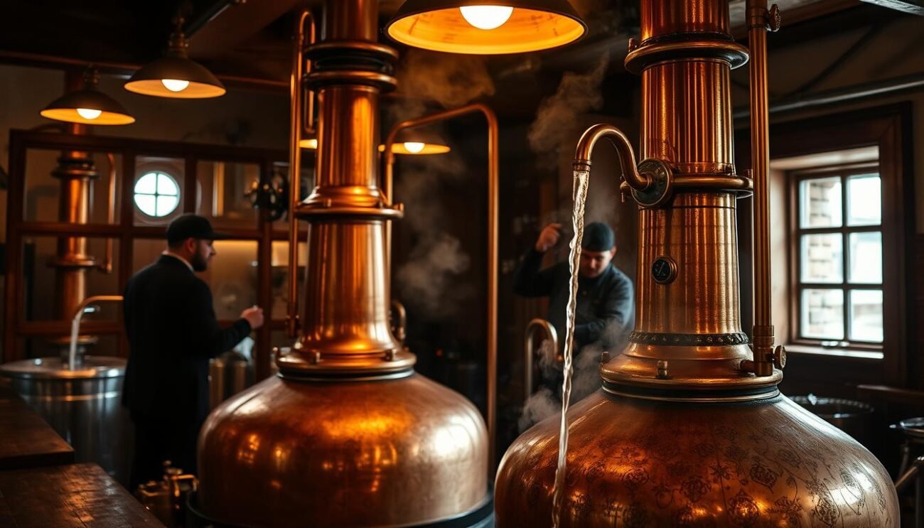 A traditional copper still stands in a cozy distillery, its gleaming surface reflecting the warm glow of overhead lamps. Brass fittings and dials adorn the apparatus, hinting at the meticulous craftsmanship involved in the time-honored process of distillation. Shadowy figures move about, carefully tending to the bubbling liquid as it slowly drips into a waiting vessel, capturing the essence of juniper berries and linden honey. The air is thick with the intoxicating aroma, transporting the viewer to a bygone era of artisanal spirit-making. The scene conveys a sense of reverence for the centuries-old tradition, where patience, skill, and attention to detail are the hallmarks of a truly exceptional distillate.