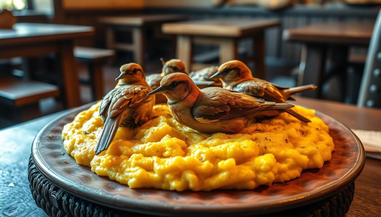 A traditional dish from the Bergamo region of Italy, a hearty platter of golden polenta topped with succulent roasted songbirds, a richly layered cultural heritage. Earthy, rustic tones dominate the scene, with the polenta taking center stage, its creamy texture contrasted by the delicate, crispy-skinned osei. Warm, ambient lighting casts a cozy glow, evoking the intimate setting of a family gathering. In the background, wooden tables and benches suggest a humble, homely atmosphere, where this beloved dish has been savored for generations. The overall composition captures the essence of Bergamasca culinary tradition, a symphony of flavors and traditions passed down through the ages.