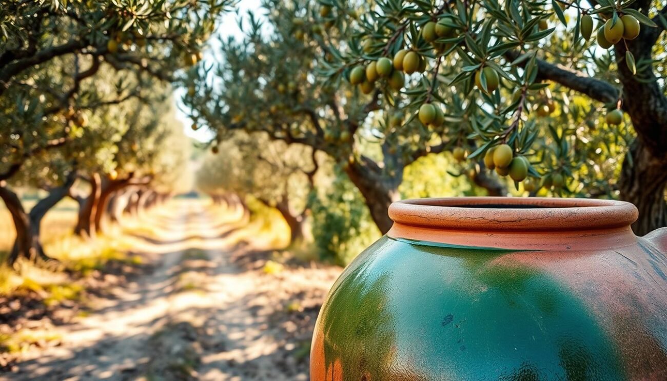 A tranquil olive grove nestled along an ancient Roman road, the golden-green leaves of the gnarled trees gently swaying in the warm Mediterranean breeze. Sunlight filters through the canopy, casting a soft, natural glow on the plump, glossy olives ready for harvest. In the foreground, a weathered terracotta vessel overflows with the deep emerald nectar of the Sabina and Colli Romani terroirs, its viscous richness hinting at the centuries-old traditions of the region. A sense of timeless beauty and artisanal craftsmanship permeates the scene, capturing the essence of Lazio's celebrated olive oil heritage.