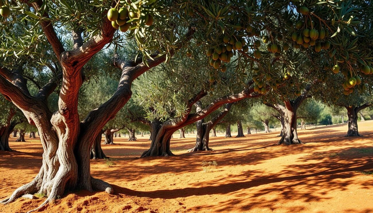 A tranquil olive grove nestled in the sun-kissed hills of Sicily, its ancient trees casting gentle shadows upon the rich, rust-colored soil. Gnarled trunks and twisted branches speak of centuries-old wisdom, as the verdant canopy sways in a gentle breeze. Dappled light filters through the leaves, illuminating the plump, glossy olives that hang in abundance, ready to be harvested and pressed into the liquid gold of Sicilian extra virgin olive oil. The scene exudes a timeless, almost sacred quality, inviting the viewer to pause and savor the essence of this centuries-old tradition.