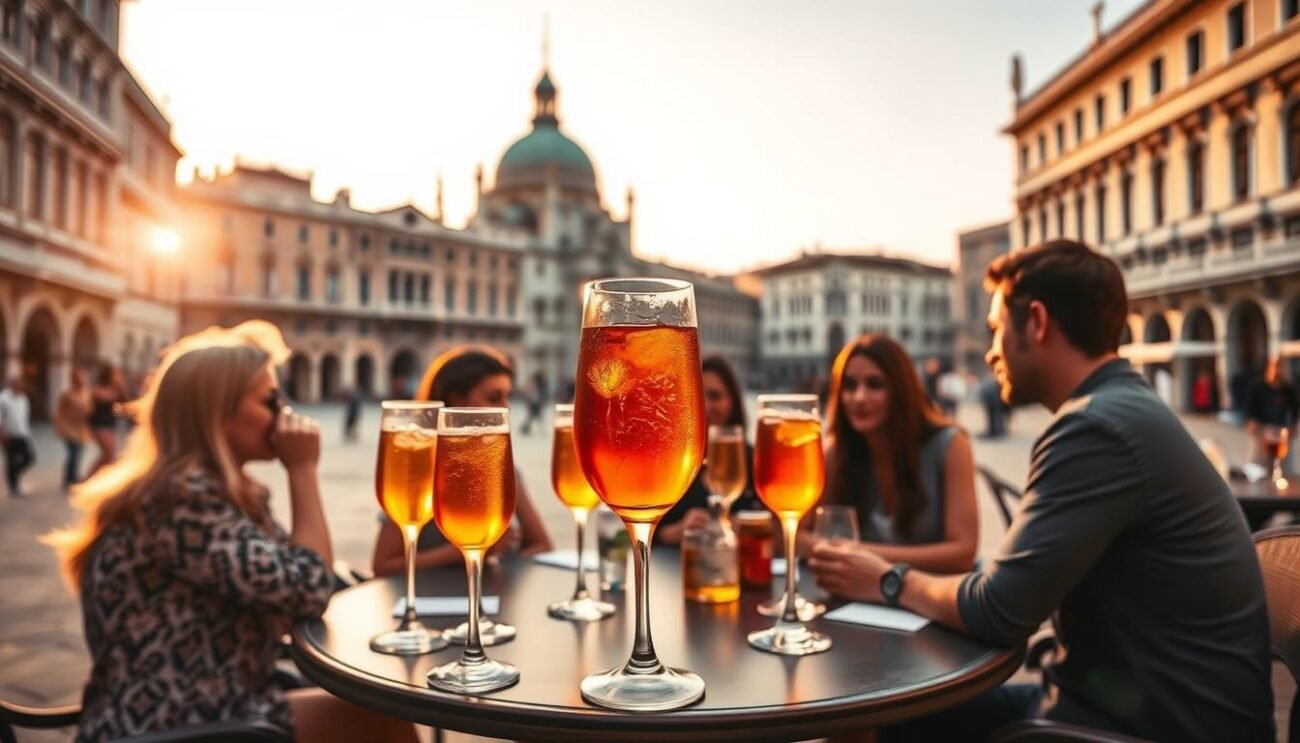 A tranquil scene in a historic Venetian piazza, with a group of friends gathered around a table, enjoying the classic Spritz cocktail. The warm, golden light of the setting sun casts a soft glow over the scene, complementing the rich, amber hues of the drink. In the background, the iconic architecture of Venice's historic buildings stand tall, their ornate facades reflecting the city's centuries-old heritage. The foreground is dominated by the elegant glassware, filled with the signature Spritz blend of Aperol, prosecco, and soda water, symbolizing the enduring tradition of this iconic Italian aperitif. The overall mood is one of relaxation, conviviality, and a deep appreciation for the cultural and culinary heritage of Venice. A tranquil scene in a historic Venetian piazza, with a group of friends gathered around a table, enjoying the classic Spritz cocktail. The warm, golden light of the setting sun casts a soft glow over the scene, complementing the rich, amber hues of the drink. In the background, the iconic architecture of Venice's historic buildings stand tall, their ornate facades reflecting the city's centuries-old heritage. The foreground is dominated by the elegant glassware, filled with the signature Spritz blend of Aperol, prosecco, and soda water, symbolizing the enduring tradition of this iconic Italian aperitif. The overall mood is one of relaxation, conviviality, and a deep appreciation for the cultural and culinary heritage of Venice.