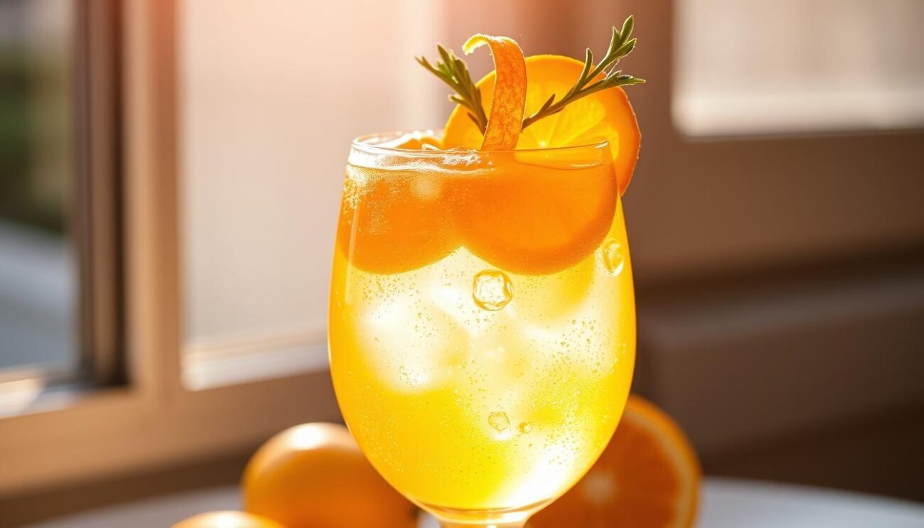 A vibrant Sicilian gazzosa beverage, with effervescent bubbles and the captivating essence of fresh orange blossoms. The glass is elegantly shaped, catching the warm sunlight that streams through a window, casting a soft glow upon the golden hue of the drink. Slices of ripe citrus and a sprig of fragrant zest garnish the top, inviting the senses to savor the refreshing, balanced flavors. The scene evokes a sense of Italian hospitality, a moment of simple pleasure and quiet contemplation.