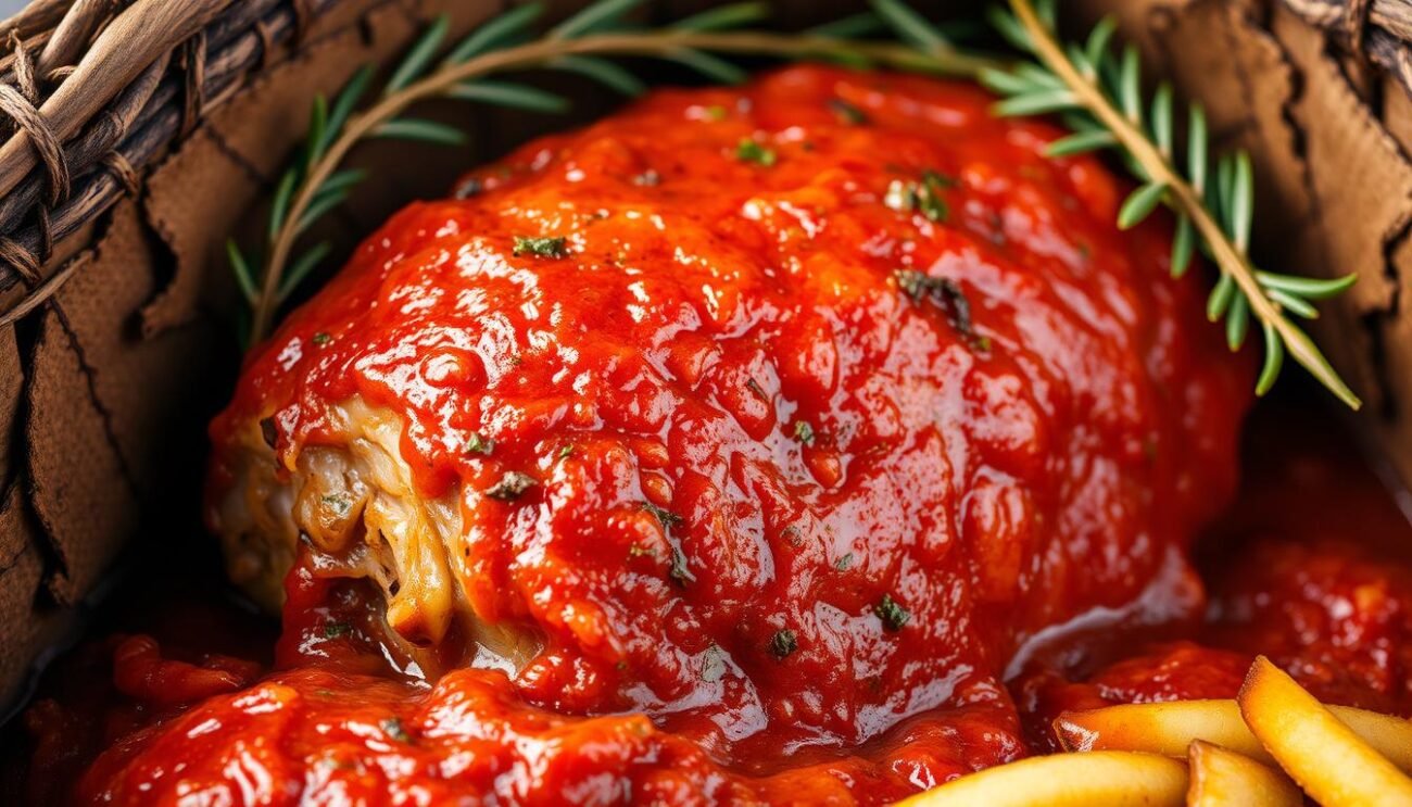 A vibrant and appetizing close-up of a traditional Pampanella Molisana, a spicy and savory pork delicacy from the region of Molise, Italy. The pampanella is nestled against a backdrop of rustic, earthy tones, evoking the artisanal and homemade nature of this regional specialty. The succulent pork is coated in a rich, vibrant red sauce, with visible spices and herbs adding depth and complexity to the dish. The lighting is warm and natural, highlighting the glossy sheen of the pampanella and casting gentle shadows that accentuate its intricate textures. The overall composition is balanced and visually appealing, inviting the viewer to savor the authentic flavors and aromas of this iconic Molisano culinary treasure.