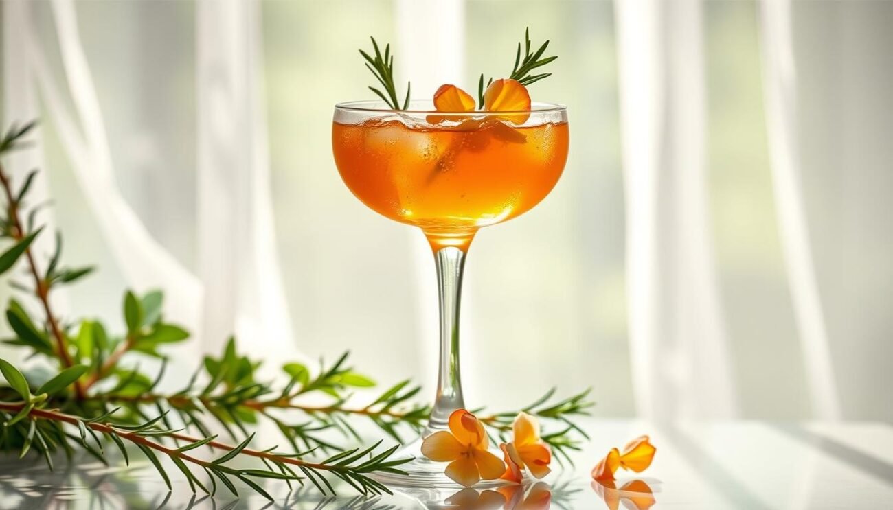 A vibrant and sophisticated cocktail with a delicate floral essence, served in a crystal tumbler against a backdrop of lush greenery. Soft natural light filters through sheer curtains, casting a warm glow and creating a serene, inviting atmosphere. Delicate orange blossoms and sprigs of rosemary adorn the drink, complementing its amber hue. The cocktail appears balanced, with a harmonious blend of botanical flavors that evoke the essence of springtime. The composition is carefully arranged to capture the elegance and refinement of this seasonal libation.
