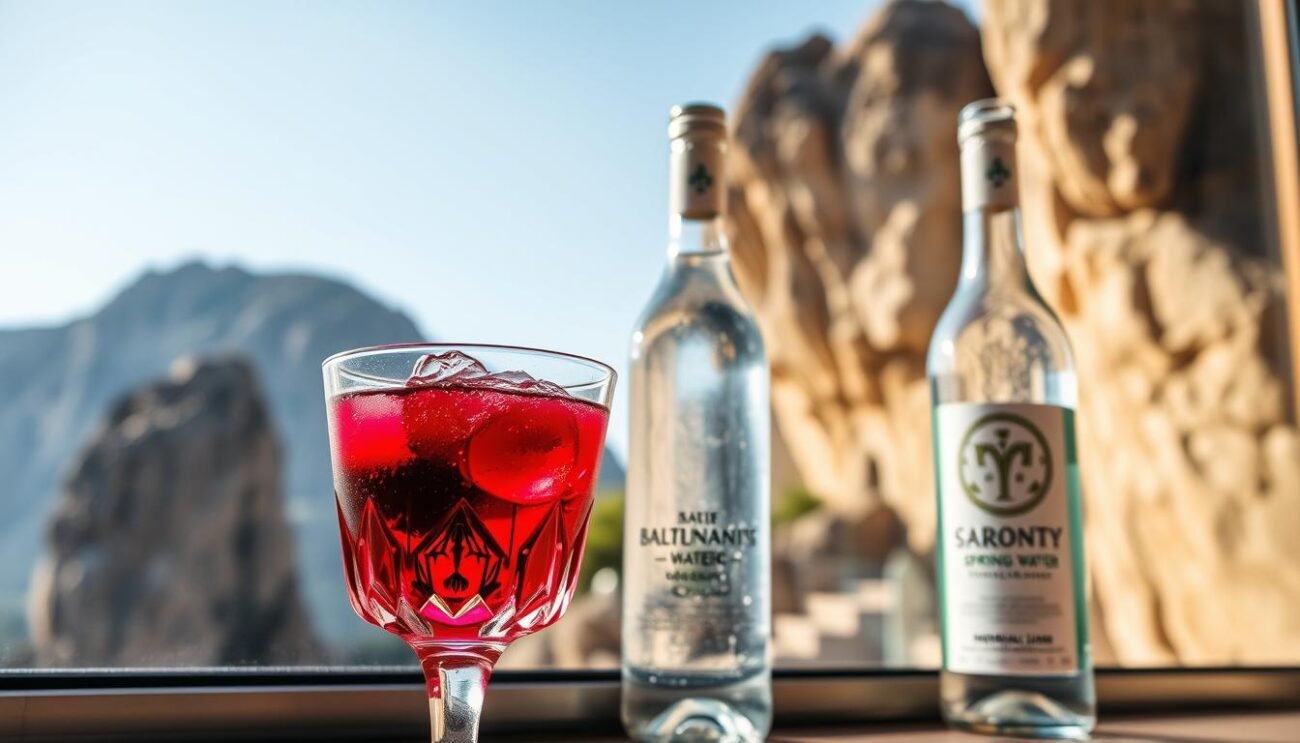 A vibrant, artisanal cocktail set against the dramatic backdrop of Sardinia's granite landscapes. In the foreground, a crystal glass brimming with a deep ruby-hued liquid, infused with the aromatic essence of Sardinian myrtle. Delicate bubbles rise to the surface, reflecting the warm, golden sunlight that filters through the window. The middle ground showcases a bottle of pure, mineral-rich spring water, its label adorned with ancient Nuragic symbols. In the background, rugged granite cliffs and a clear, azure sky evoke the timeless, primal beauty of the island. The overall mood is one of rustic sophistication, blending the region's rich cultural heritage with a modern, elevated sensibility. A vibrant, artisanal cocktail set against the dramatic backdrop of Sardinia's granite landscapes. In the foreground, a crystal glass brimming with a deep ruby-hued liquid, infused with the aromatic essence of Sardinian myrtle. Delicate bubbles rise to the surface, reflecting the warm, golden sunlight that filters through the window. The middle ground showcases a bottle of pure, mineral-rich spring water, its label adorned with ancient Nuragic symbols. In the background, rugged granite cliffs and a clear, azure sky evoke the timeless, primal beauty of the island. The overall mood is one of rustic sophistication, blending the region's rich cultural heritage with a modern, elevated sensibility.