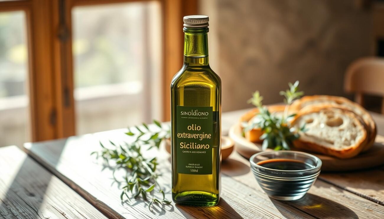 A vibrant bottle of "olio extravergine siciliano" rests on a rustic wooden table, surrounded by fresh herbs, sliced bread, and a small bowl of balsamic glaze. The warm Mediterranean sunlight filters through a window, casting a soft glow on the scene. The olive oil's deep green hue and viscous texture suggest its high quality, while the artfully arranged accompaniments hint at the myriad culinary possibilities it offers. This image captures the essence of Sicilian olive oil's unique terroir and its ability to elevate the flavors of the region's renowned cuisine.