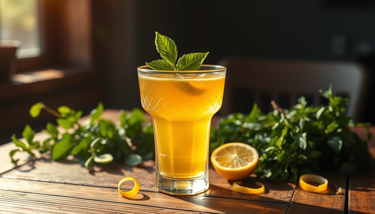 A vibrant cocktail, Ferragosto, sits center stage on a rustic wooden table. Sunlight streams through a window, casting a warm glow on the crystal glass filled with a luminous golden liquid, accented by a single, freshly plucked basil leaf. Surrounding the cocktail, an array of lush, verdant herbs and zested lemon peels evoke the flavors of an Italian summer. The scene is captured with a subtle, cinematic lens, evoking a sense of relaxation and indulgence. The mood is one of leisurely celebration, inviting the viewer to savor the essence of this quintessential summer cocktail.