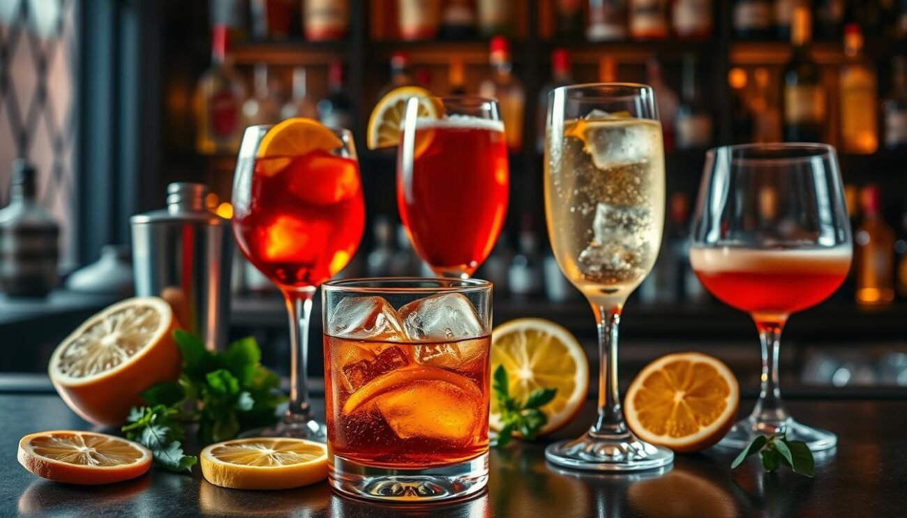 A vibrant collection of classic Italian cocktails, captured in stunning detail. In the foreground, a mixing glass filled with amber liquor, the ice cubes glistening under warm, soft lighting. Surrounding it, an array of fresh citrus slices, aromatic herbs, and a vintage cocktail shaker. In the middle ground, elegant glassware - a Negroni, an Aperol Spritz, a Bellini - each showcasing the distinct hues and textures of the iconic Italian drinks. The background reveals a cozy, dimly lit bar setting, with shelves of premium Italian spirits and liqueurs casting warm reflections. The mood is sophisticated yet convivial, evoking the spirit of Italy's vibrant cocktail culture.