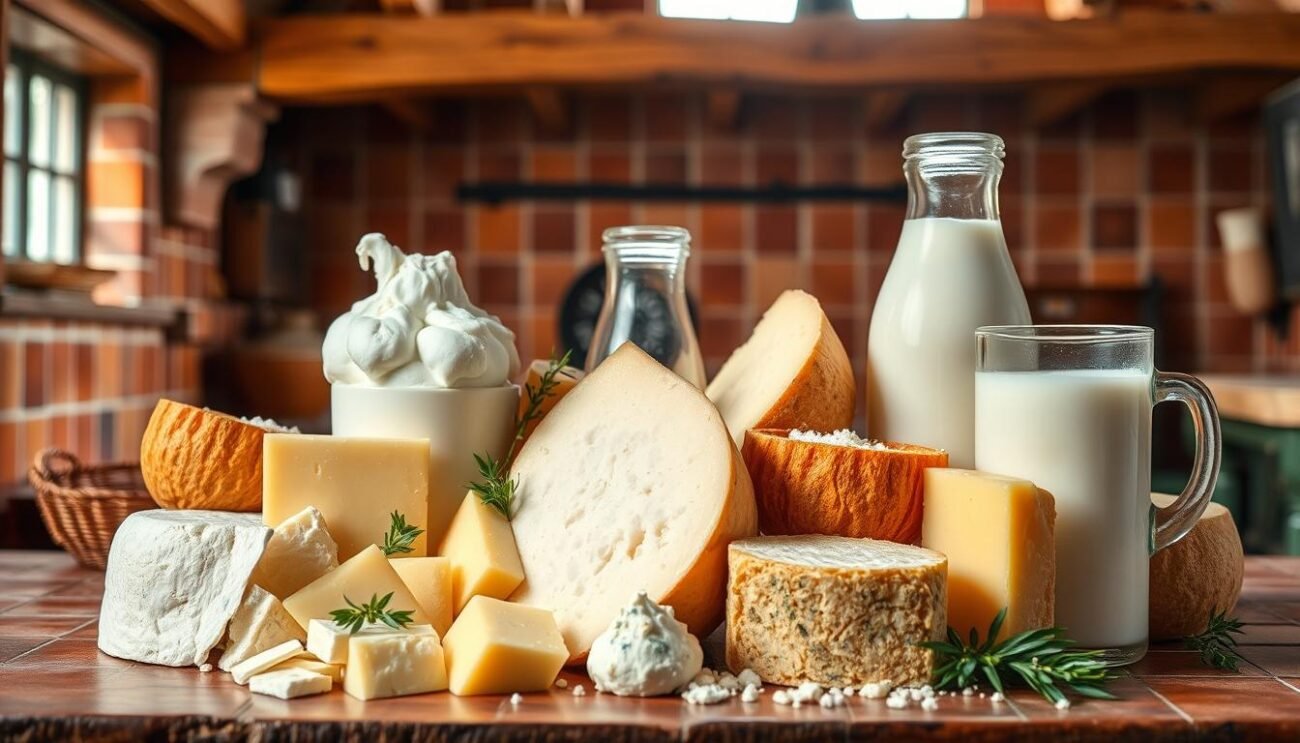 A vibrant, detailed still life depicting an assortment of Italian dairy products, including various cheeses, yogurt, and a glass of milk. The arrangement is set against a warm, rustic background reminiscent of a traditional Italian kitchen, with terracotta tiles, exposed wooden beams, and warm lighting. The cheeses are carefully arranged, showcasing their distinct textures and colors, from creamy mozzarella to aged Parmesan. The yogurt and milk are presented in classic Italian glass containers, adding to the authenticity of the scene. The overall composition evokes a sense of nourishment, health, and the importance of dairy in the Italian culinary tradition.