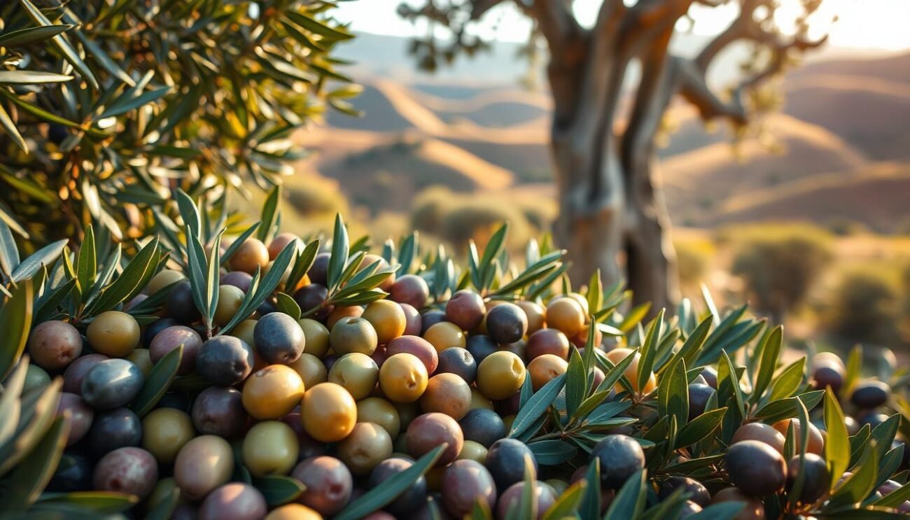 A vibrant display of Sicilian olive varieties, captured in stunning detail. A lush foreground showcases plump, glistening olives in varying hues of green, silver, and violet, nestled amidst velvety foliage. The middle ground reveals the twisted, weathered trunks of ancient olive trees, their gnarled bark a testament to the region's rich history. In the background, rolling hills painted in the earthy tones of the Sicilian countryside provide a serene and picturesque backdrop. Warm, golden sunlight filters through the leaves, casting a gentle, natural glow over the scene. A lens with a shallow depth of field emphasizes the diversity and beauty of these unique Sicilian olive varieties.