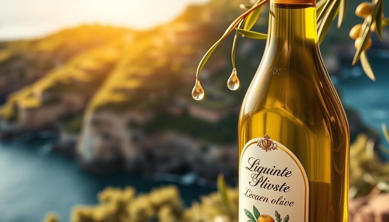 A vibrant golden-green olive oil, emanating the essence of the Ligurian Levante region. Glistening droplets cling to the smooth, oval-shaped bottle, catching the warm Mediterranean light. The label features delicate calligraphic text, conveying the artisanal craftsmanship behind this prized culinary treasure. In the background, a verdant landscape of terraced olive groves clings to the rugged coastline, a testament to the region's centuries-old olive-growing tradition. An image that captures the unique character and subtle complexities of the Levante Ligurian extra virgin olive oil. A vibrant golden-green olive oil, emanating the essence of the Ligurian Levante region. Glistening droplets cling to the smooth, oval-shaped bottle, catching the warm Mediterranean light. The label features delicate calligraphic text, conveying the artisanal craftsmanship behind this prized culinary treasure. In the background, a verdant landscape of terraced olive groves clings to the rugged coastline, a testament to the region's centuries-old olive-growing tradition. An image that captures the unique character and subtle complexities of the Levante Ligurian extra virgin olive oil.